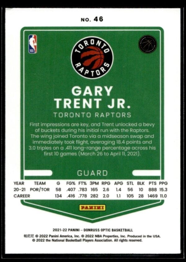 _10 2021 Donruss Optic Toronto Raptors #46 Gary Trent Jr.