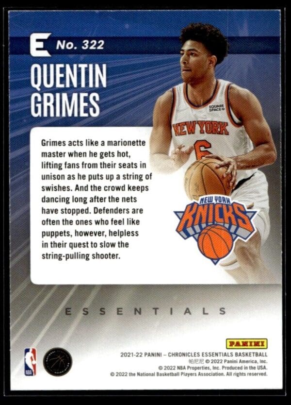 2021 Panini Essentials New York Knicks #322 Quentin Grimes RC Rookie