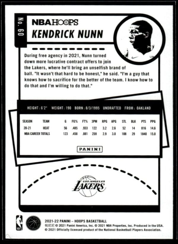 2021 NBA Hoops Los Angeles Lakers #60 Kendrick Nunn