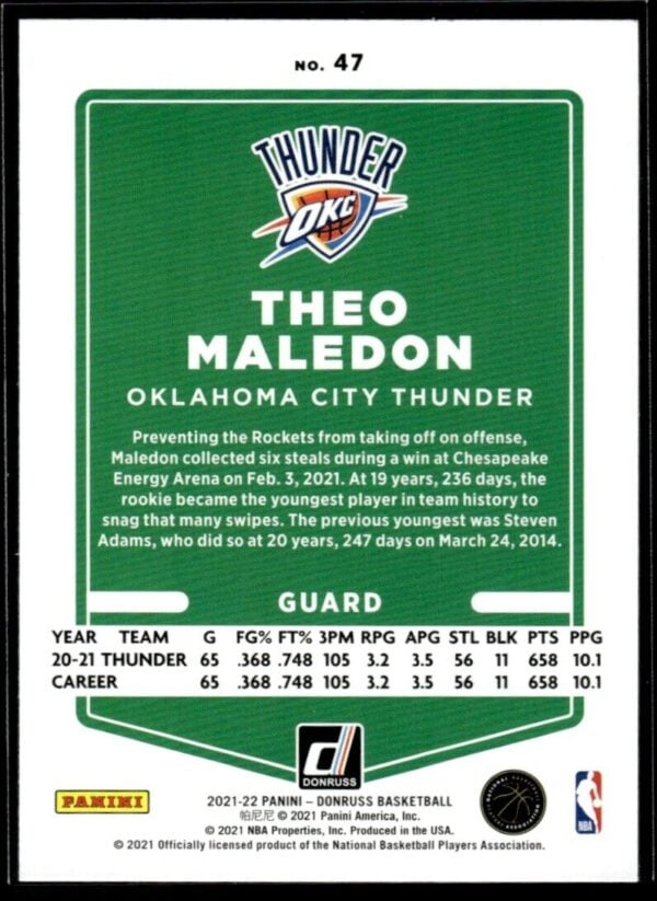 _10 2021 Donruss Oklahoma City Thunder #47 Theo Maledon