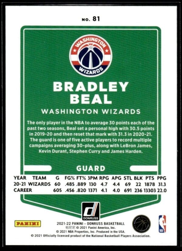 2021 Donruss Washington Wizards #81 Bradley Beal