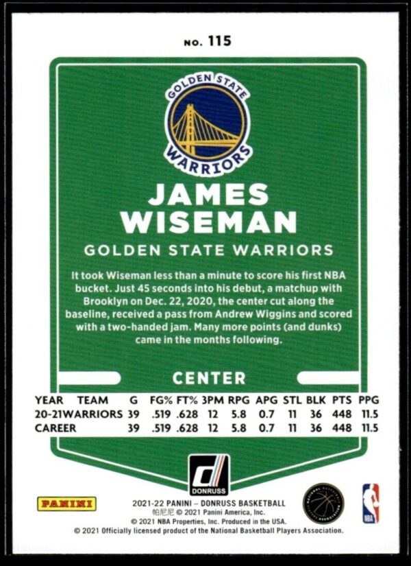 _10 2021 Donruss Golden State Warriors #115 James Wiseman