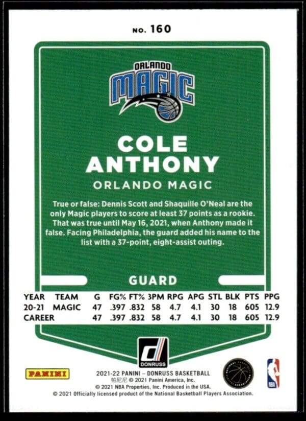2021 Donruss Orlando Magic #160 Cole Anthony