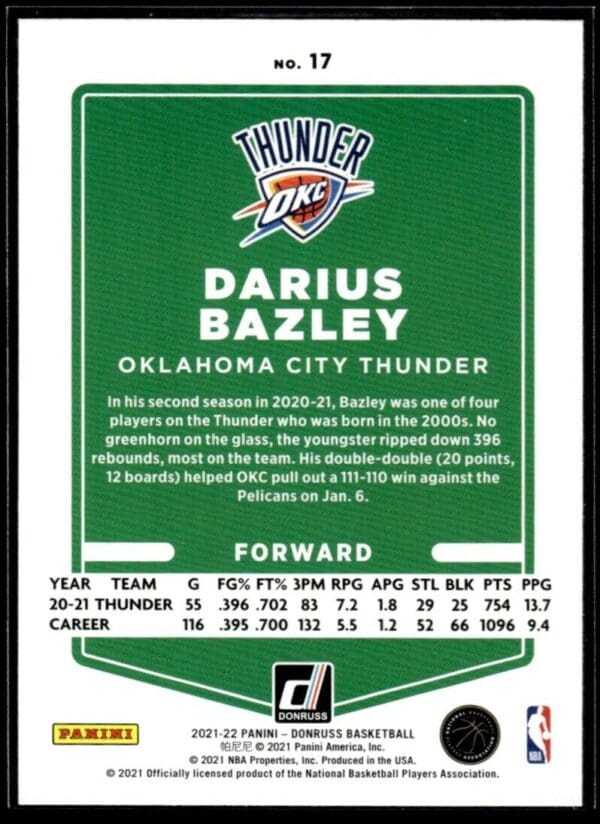2021 Donruss Oklahoma City Thunder #17 Darius Bazley