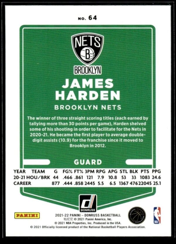 2021 Donruss Brooklyn Nets #64 James Harden
