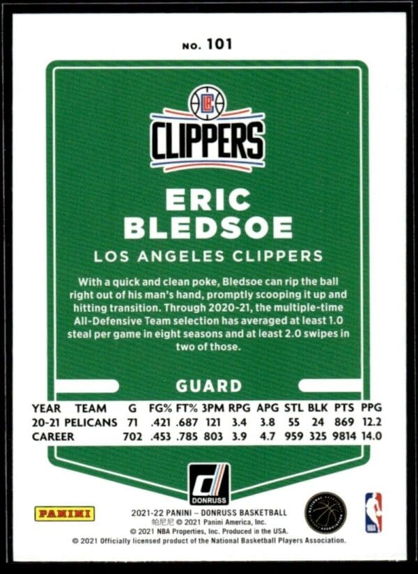 _10 2021 Donruss Los Angeles Clippers #101 Eric Bledsoe