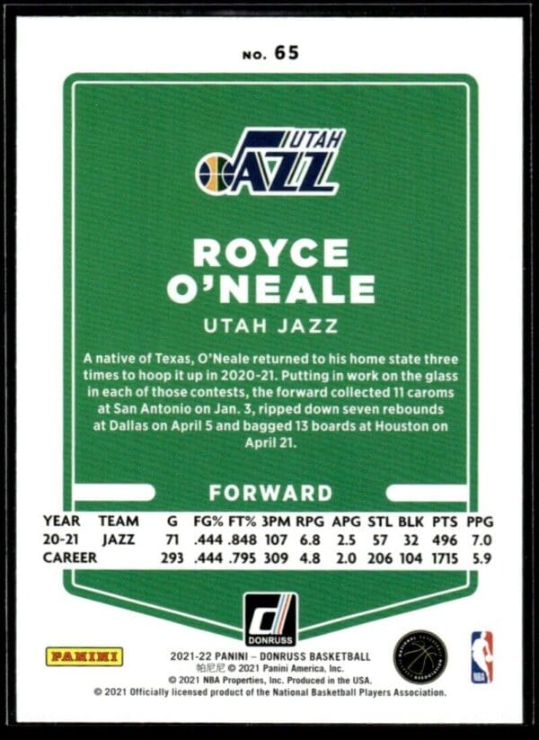 _10 2021 Donruss Utah Jazz #65 Royce O'Neale