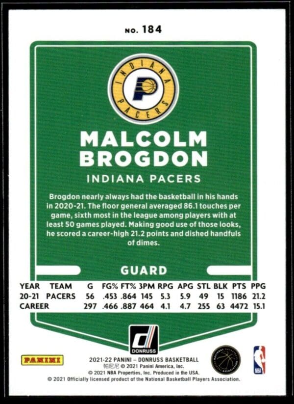 _10 2021 Donruss Indiana Pacers #184 Malcolm Brogdon