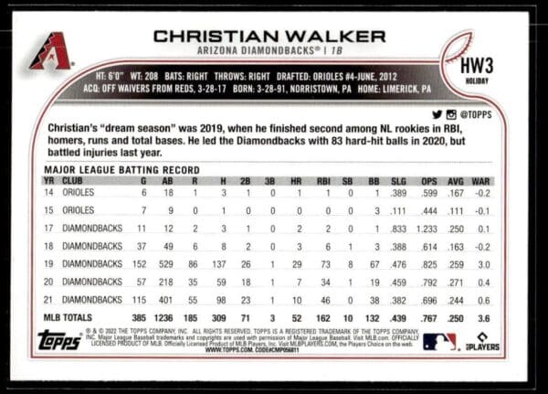2022 Topps Holiday Arizona Diamondbacks #HW3 Christian Walker