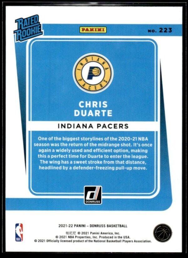 _10 2021 Donruss Indiana Pacers #223 Chris Duarte RC Rookie