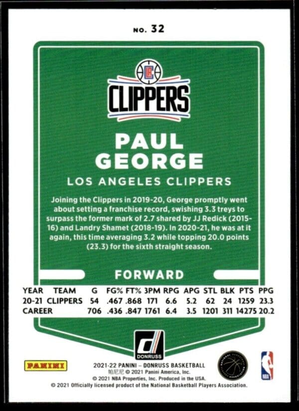2021 Donruss Los Angeles Clippers #32 Paul George