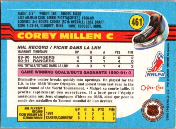 _10 1991 O-Pee-Chee New York Rangers #461 Corey Millen RC Rookie