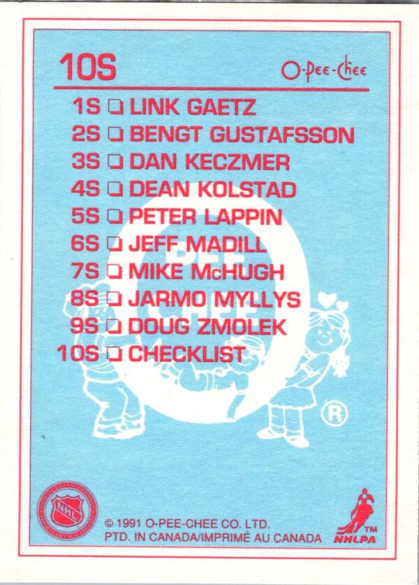 1991 O-Pee-Chee San Jose Sharks #10S San Jose Sharks Checklist