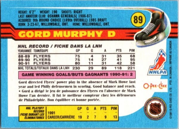 1991 O-Pee-Chee Philadelphia Flyers #89 Gord Murphy