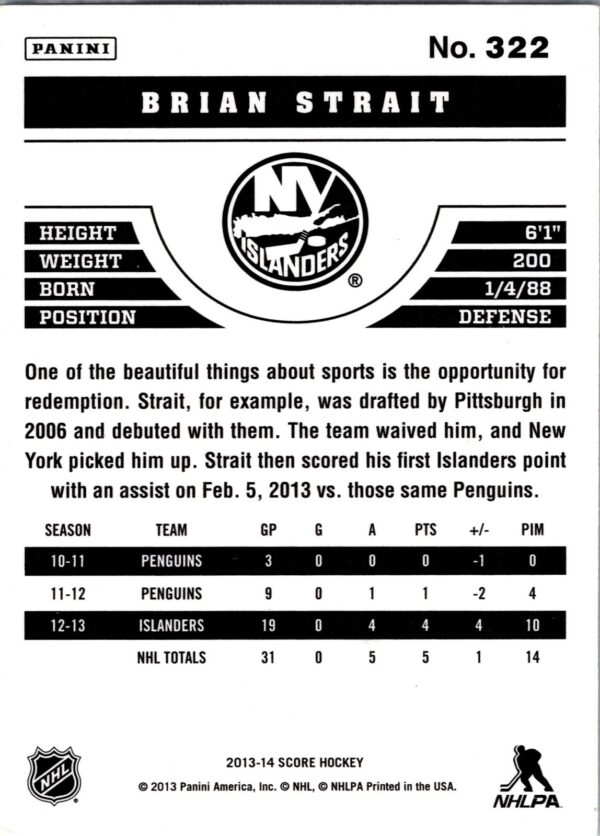 2013 Score New York Islanders #322 Brian Strait