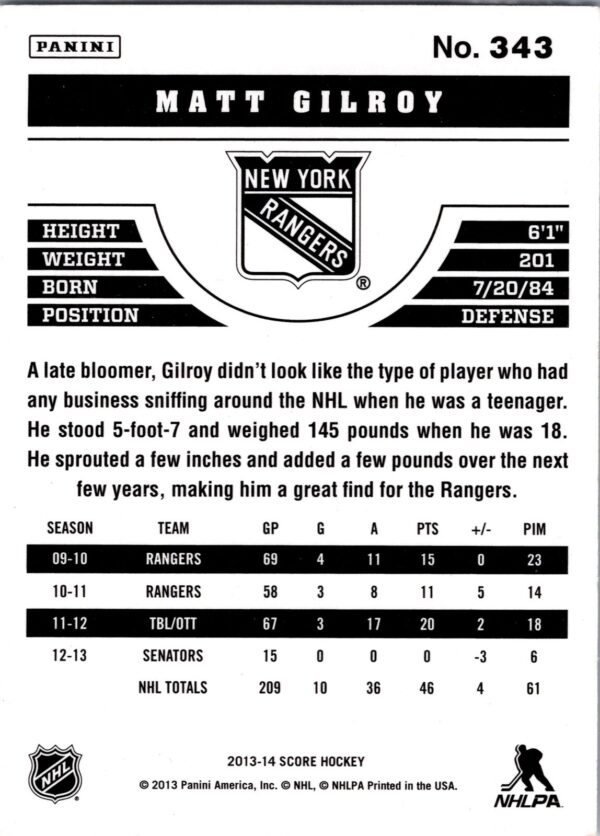 2013 Score New York Rangers #343 Matt Gilroy