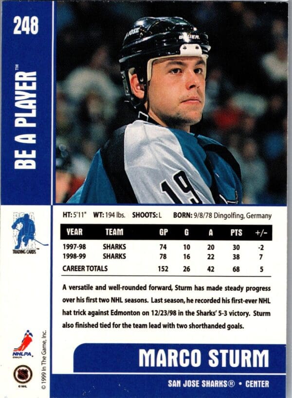 1999 Be a Player Memorabilia San Jose Sharks #248 Marco Sturm