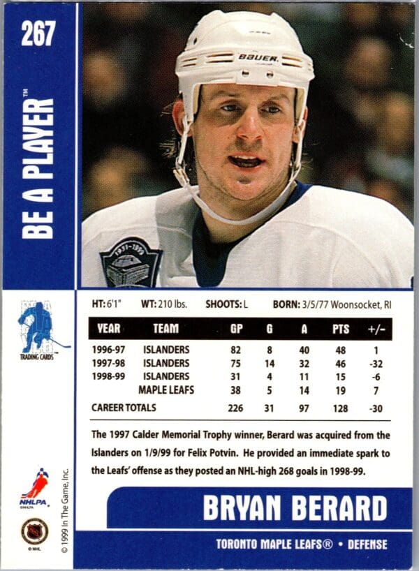 _10 1999 Be a Player Memorabilia Toronto Maple Leafs #267 Bryan Berard