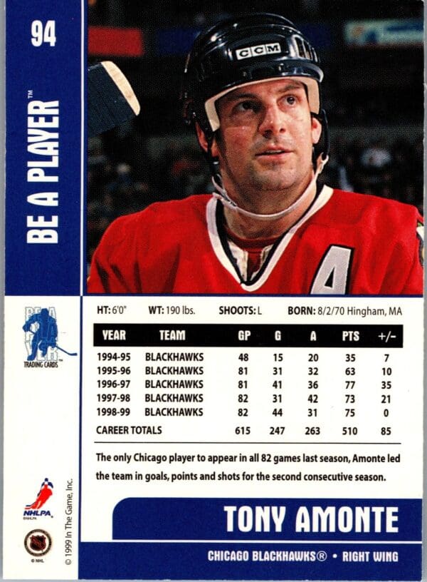 1999 Be a Player Memorabilia Chicago Blackhawks #94 Tony Amonte