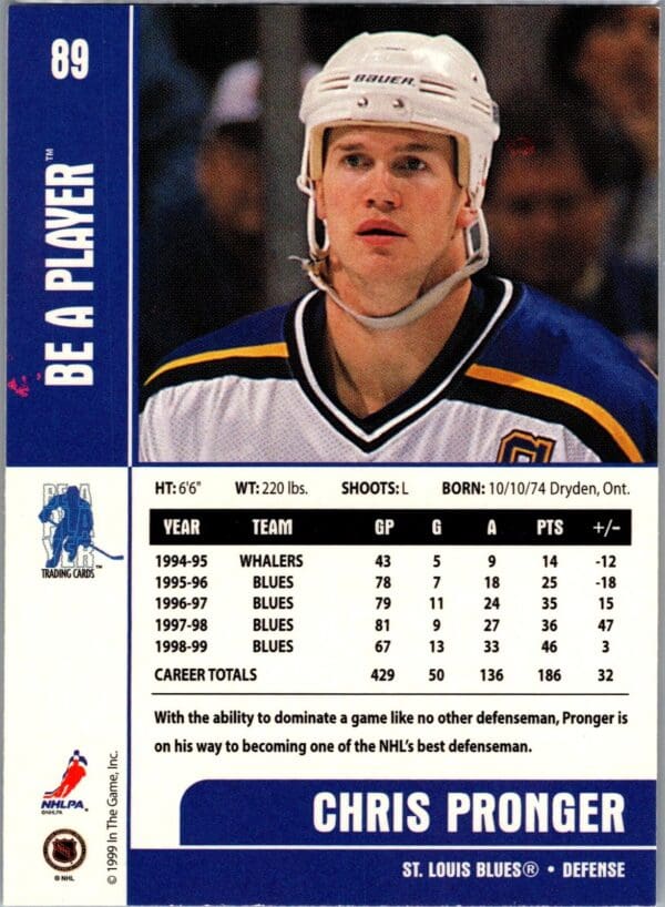_10 1999 Be a Player Memorabilia St. Louis Blues #89 Chris Pronger