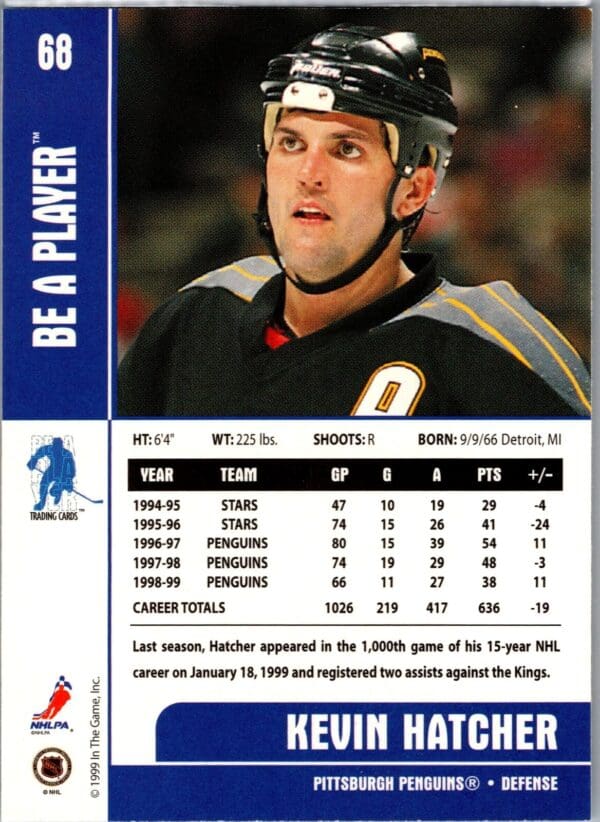 1999 Be a Player Memorabilia Pittsburgh Penguins #68 Kevin Hatcher
