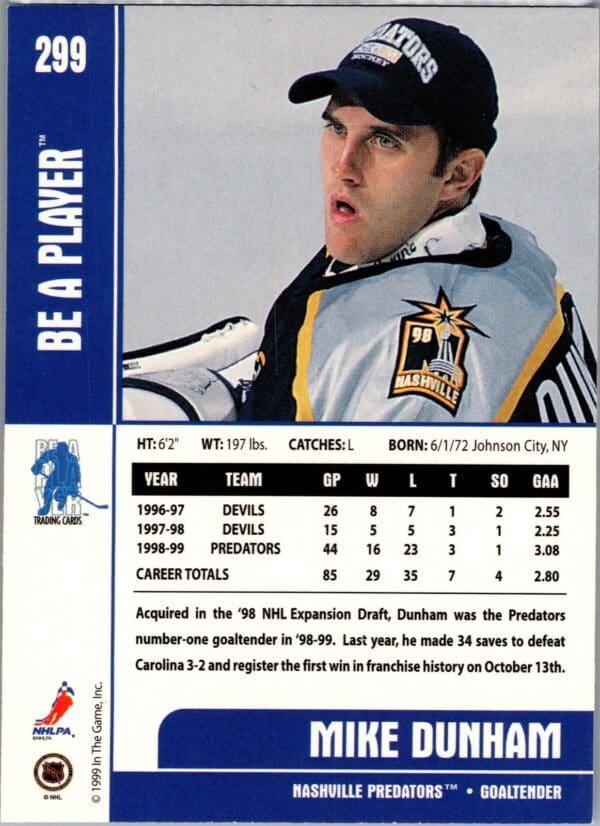 1999 Be a Player Memorabilia Nashville Predators #299 Mike Dunham