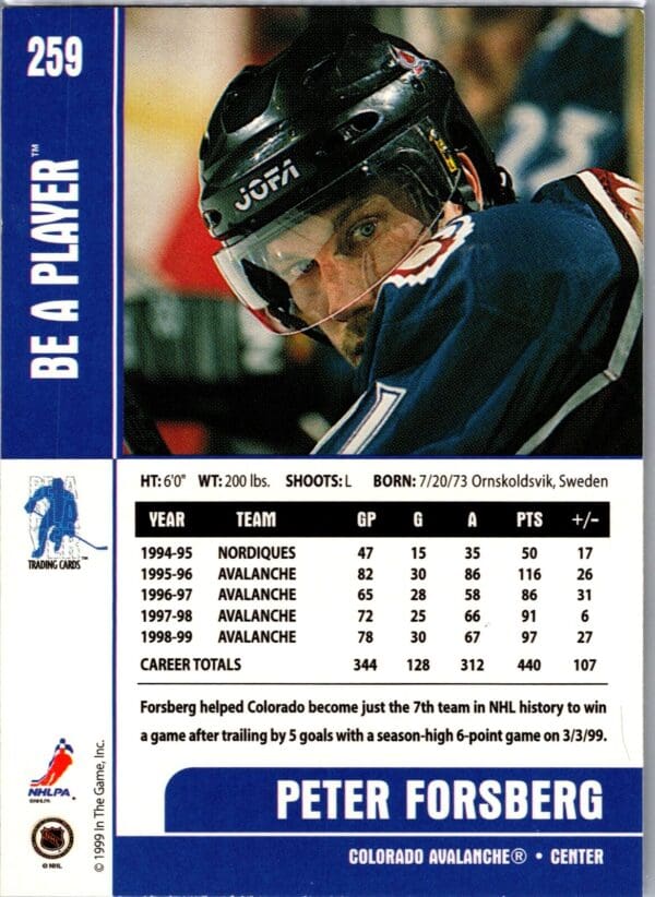 1999 Be a Player Memorabilia Colorado Avalanche #259 Peter Forsberg