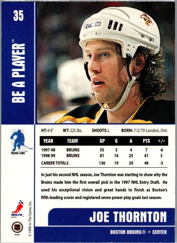 _10 1999 Be a Player Memorabilia Boston Bruins #35 Joe Thornton