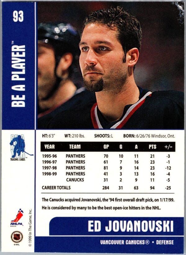 1999 Be a Player Memorabilia Vancouver Canucks #93 Ed Jovanovski