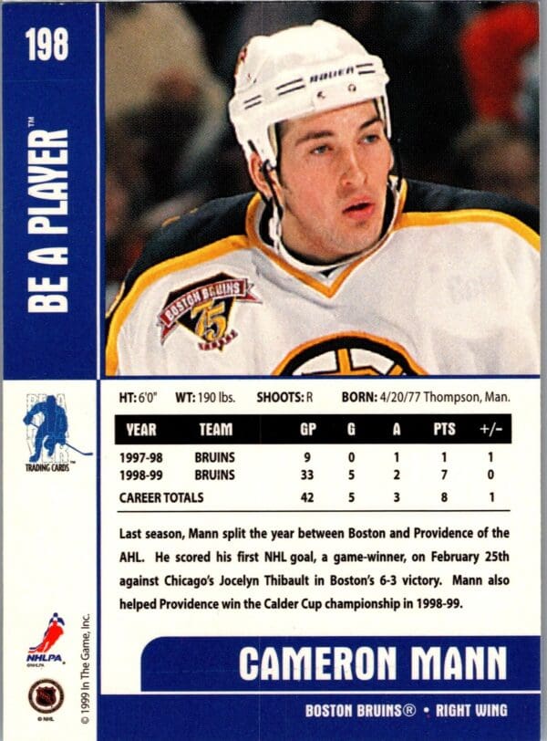 1999 Be a Player Memorabilia Boston Bruins #198 Cameron Mann