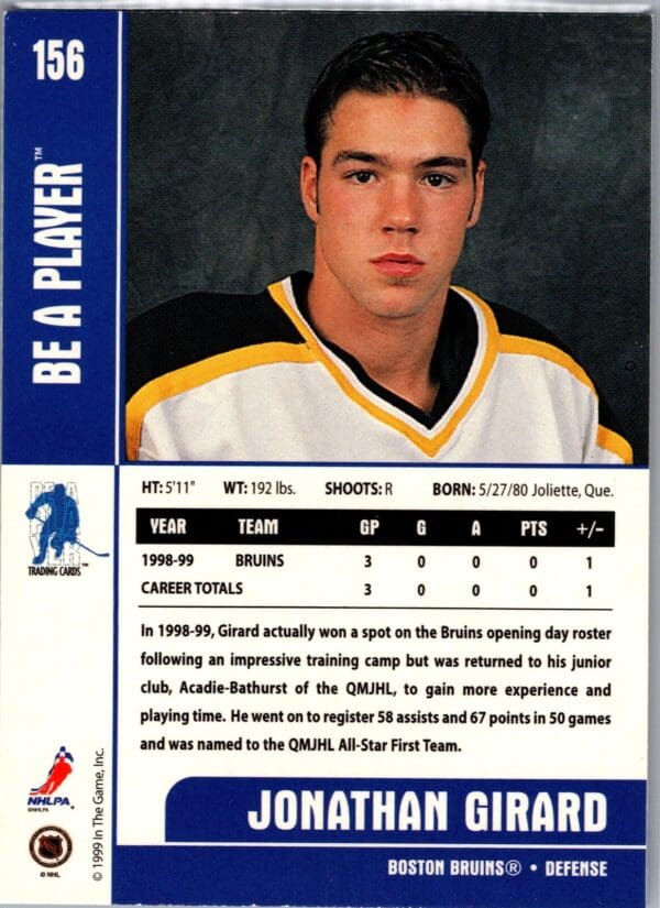 1999 Be a Player Memorabilia Boston Bruins #156 Jonathan Girard