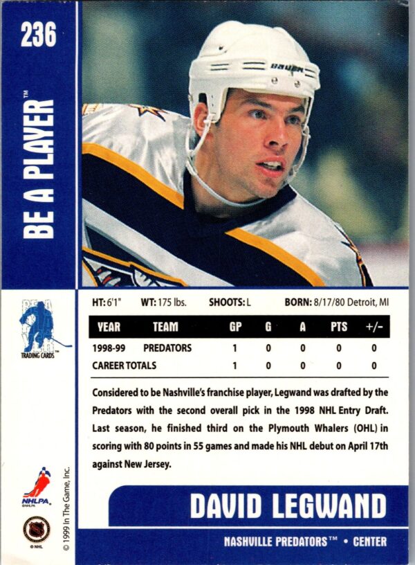 1999 Be a Player Memorabilia Nashville Predators #236 David Legwand