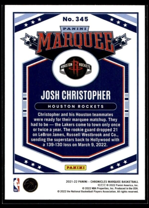 _10 2021 Panini Chronicles Marquee Houston Rockets #345 Josh Christopher RC Rookie