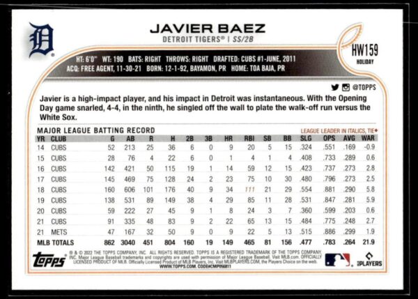 2022 Topps Holiday Detroit Tigers #HW159 Javier Baez