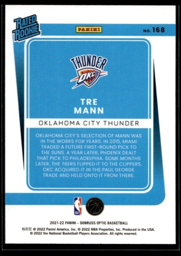 2021 Donruss Optic Oklahoma City Thunder #168 Tre Mann RC Rookie
