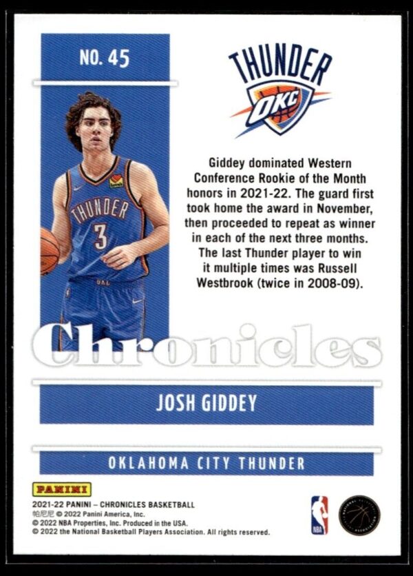 _10 2021 Panini Chronicles Oklahoma City Thunder #45 Josh Giddey RC Rookie