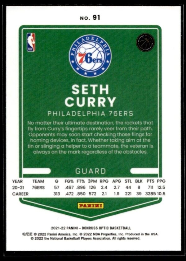 _10 2021 Donruss Optic Philadelphia 76ers #91 Seth Curry