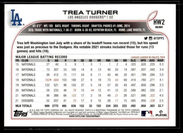 _10 2022 Topps Holiday Los Angeles Dodgers #HW2 Trea Turner
