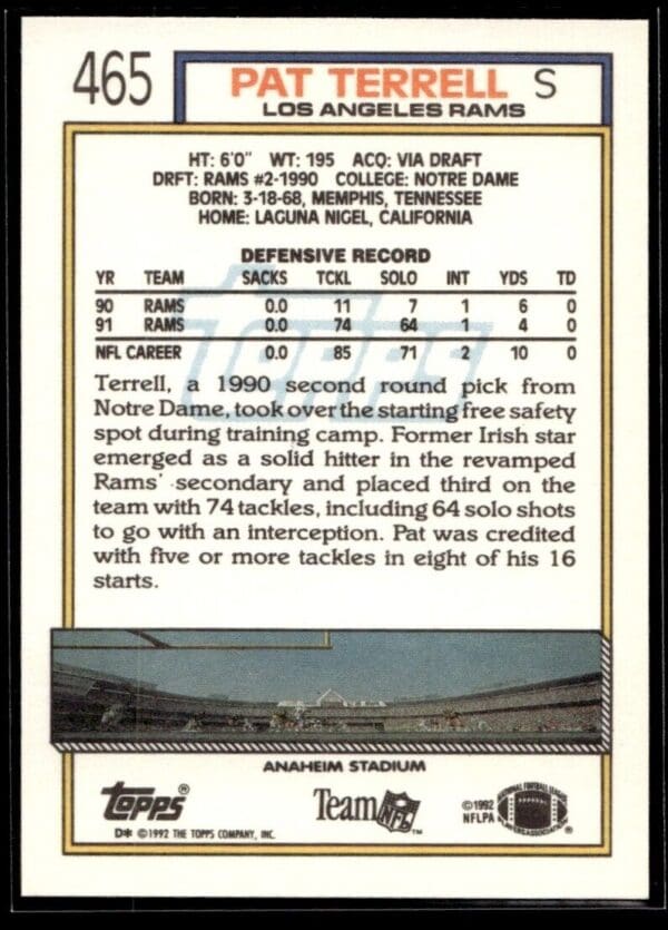 1992 Topps Los Angeles Rams #465 Pat Terrell