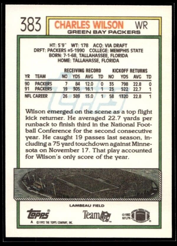 1992 Topps Green Bay Packers #383 Charles Wilson