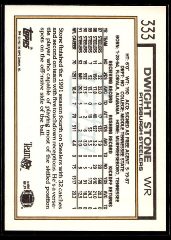 1992 Topps Pittsburgh Steelers #333 Dwight Stone