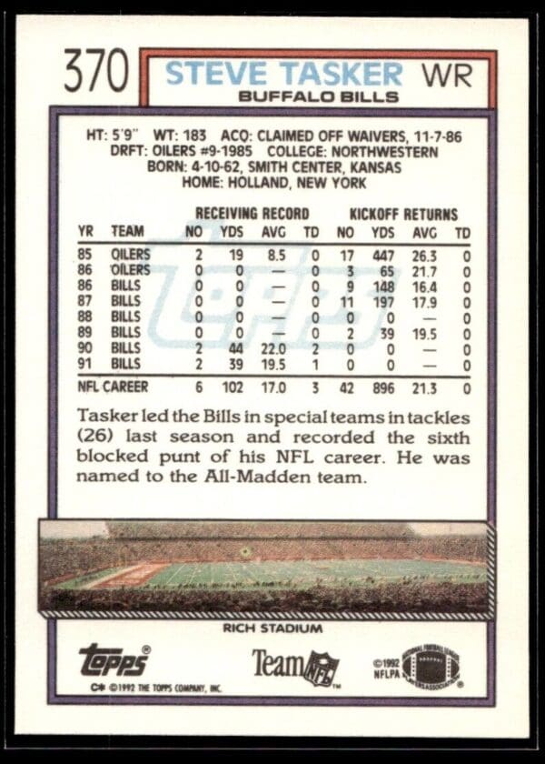 _10 1992 Topps Buffalo Bills #370 Steve Tasker