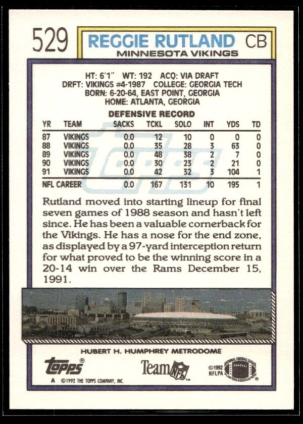 1992 Topps Minnesota Vikings #529 Reggie Rutland