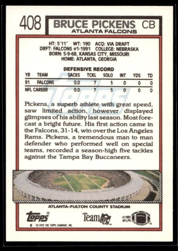 1992 Topps Atlanta Falcons #408 Bruce Pickens