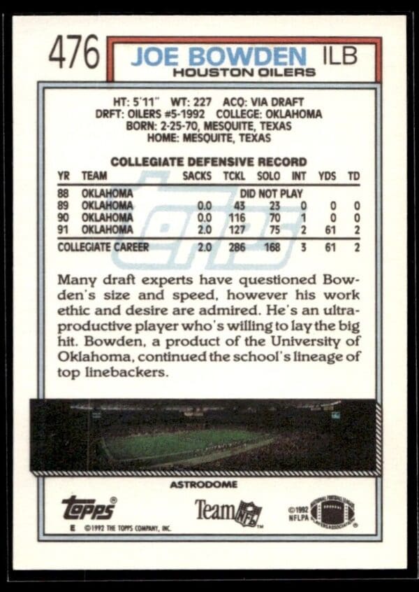 _10 1992 Topps Houston Oilers #476 Joe Bowden RC Rookie