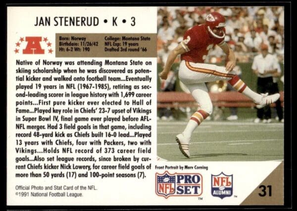 _10 1991 Pro Set Kansas City Chiefs #31 Jan Stenerud