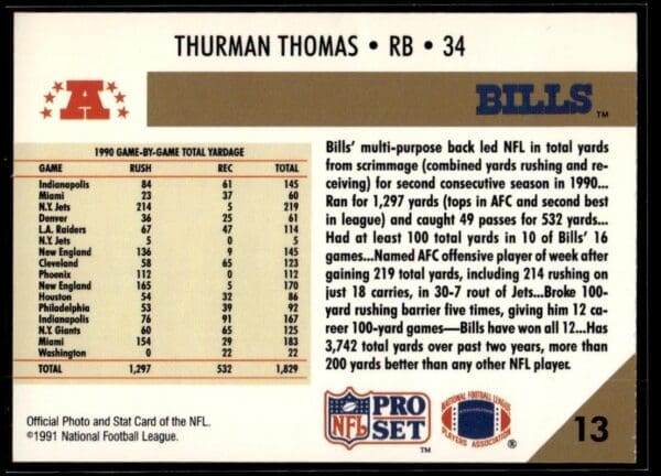 _10 1991 Pro Set Buffalo Bills #13 Thurman Thomas