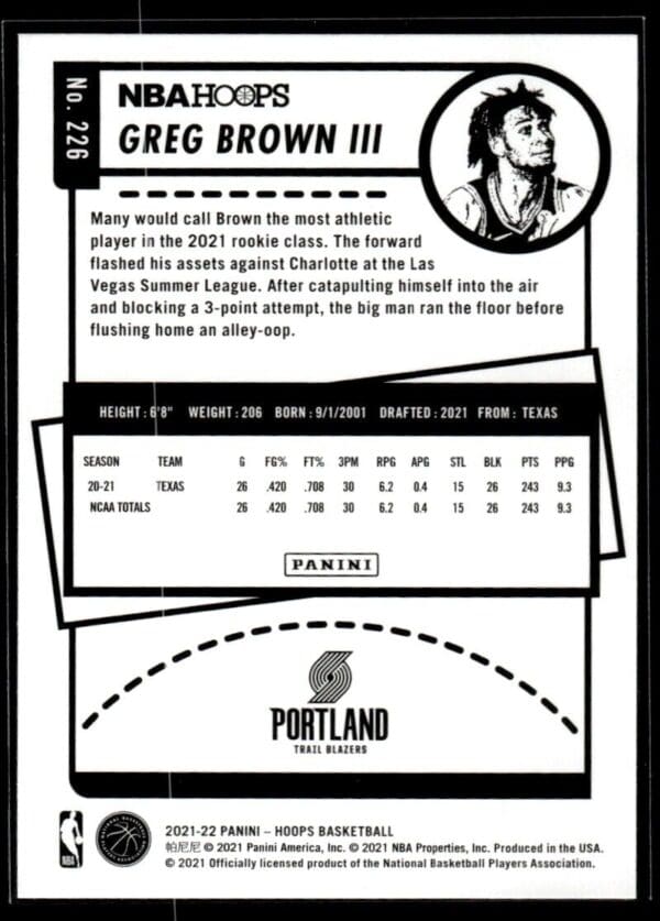 2021 NBA Hoops Portland Trail Blazers #226 Greg Brown III RC Rookie
