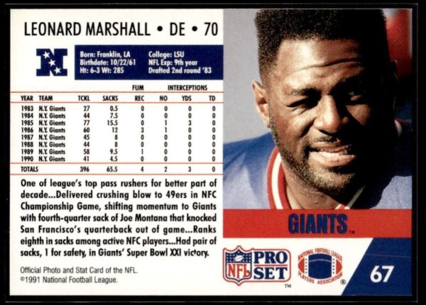 1991 Pro Set New York Giants #67 Leonard Marshall