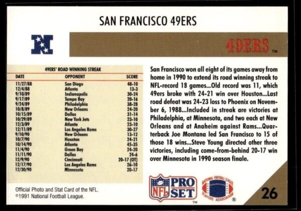 1991 Pro Set San Francisco 49ers #26 Road Winning Streak